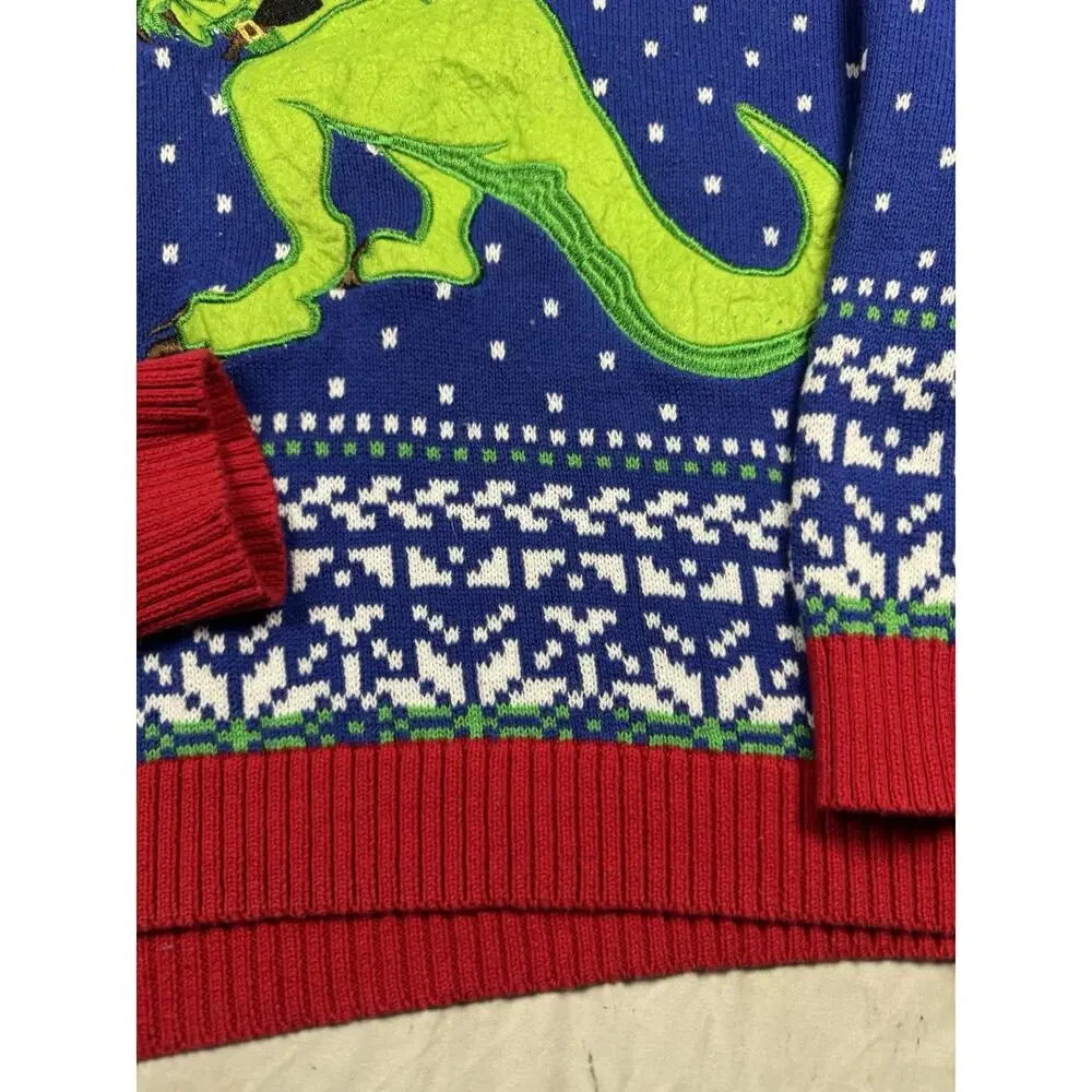 33 Degrees Santa Riding T-Rex Ugly Christmas Sweater Mens XL Blue Holiday